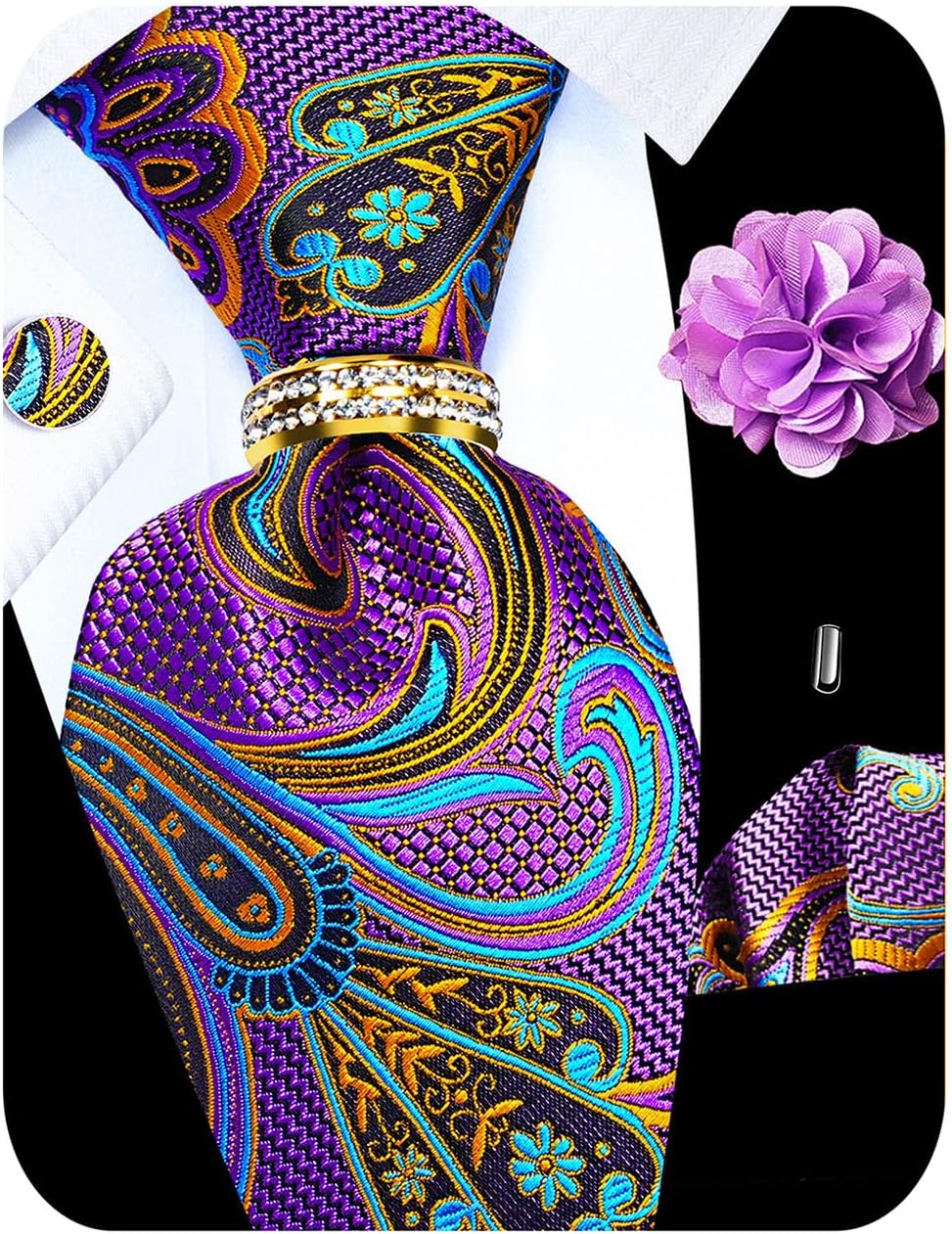 5PCS Tie and Pocket Square for Men, Silk Necktie and Handkerchief Cufflinks with Gold Ring and Lapel Pin Set