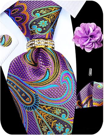 5PCS Tie and Pocket Square for Men, Silk Necktie and Handkerchief Cufflinks with Gold Ring and Lapel Pin Set