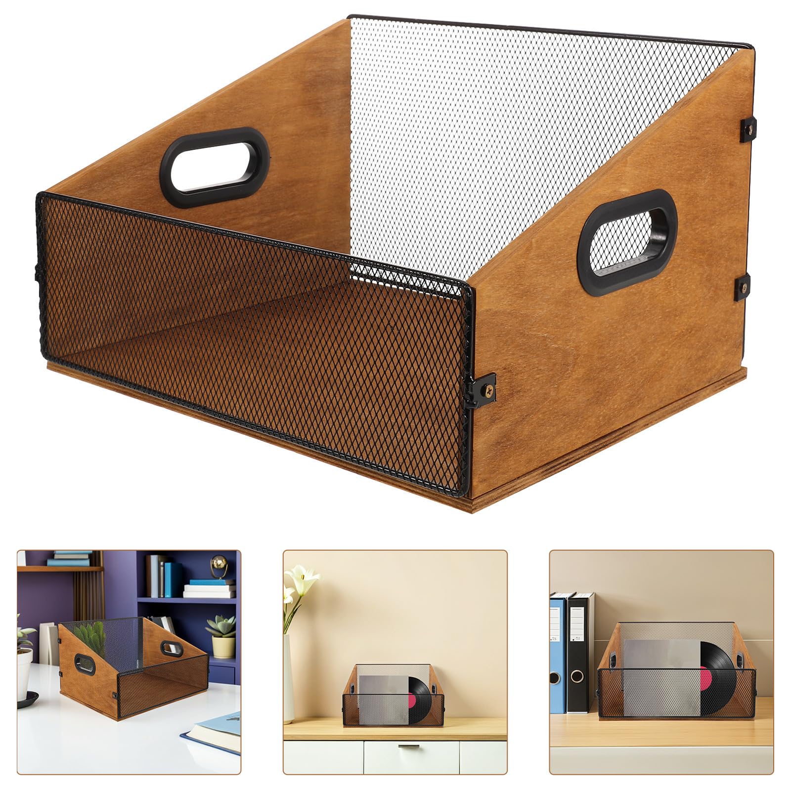 Housoutil Scatola Porta Dischi Vinile Organizer Rustico con Manici in Legno Contenitore Robusto per Album e Riviste per Stanze Musicali e Spazi di Studio