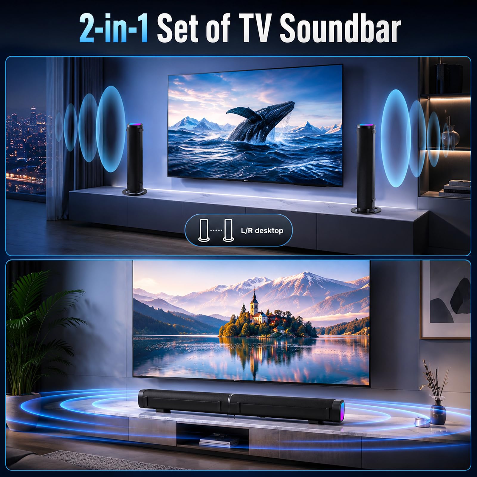 Soundbar für TV Geräte, 240 W Teilbare 2-in-1 Soundbar für TV (2.2CH) mit RGB Beleuchtung & 3 EQ Modi, Bass einstellbar, Bluetooth 5.3, inkl. ARC, Optisch, Aux USB für Fernseher, Monitor, Gaming