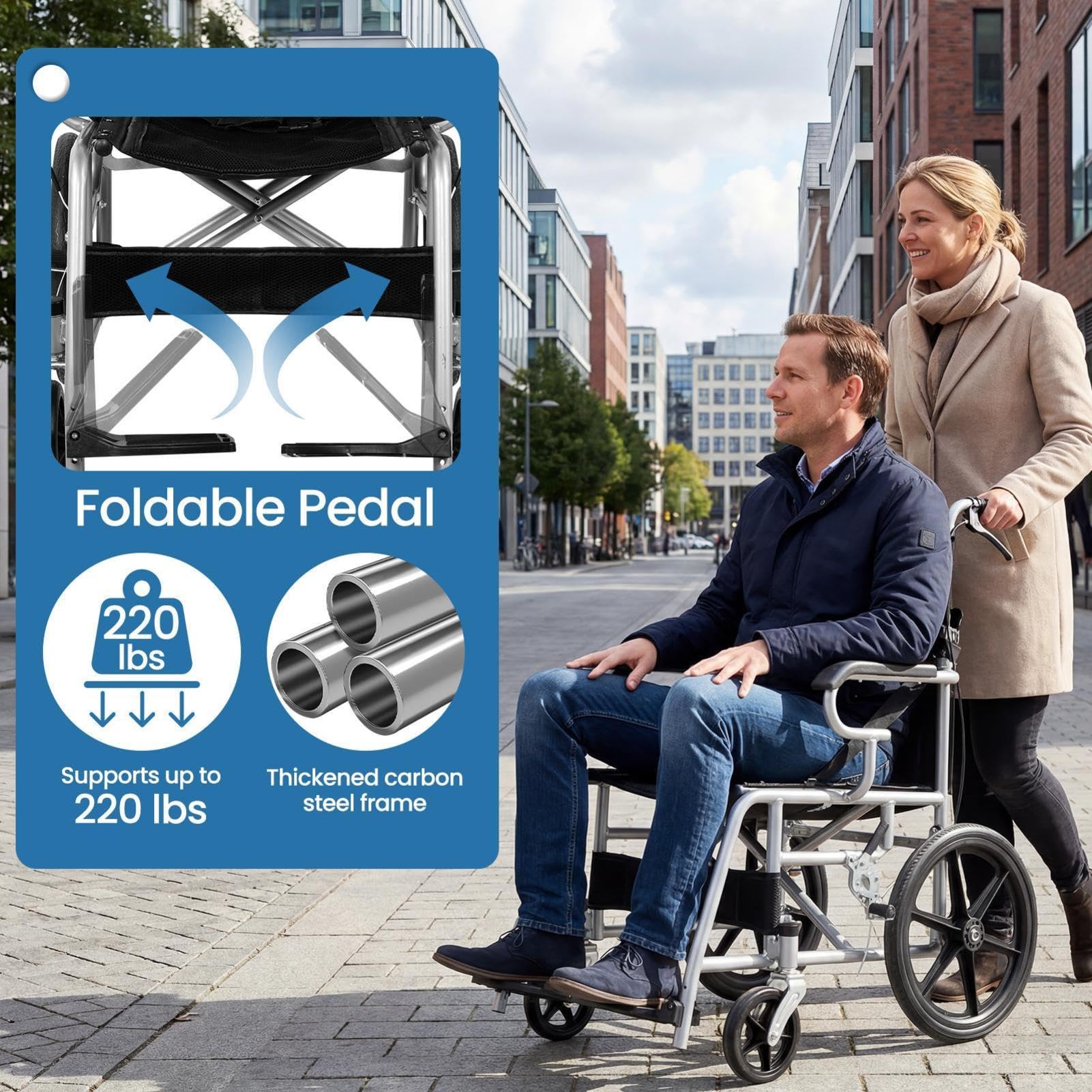 Las sillas de ruedas ligeras adultas | Capacidad de carga de 100 kg | Silla de ruedas de viaje ultraligera portátil plegable área del asiento 45,5 cm | Para personas mayores y discapacitadas