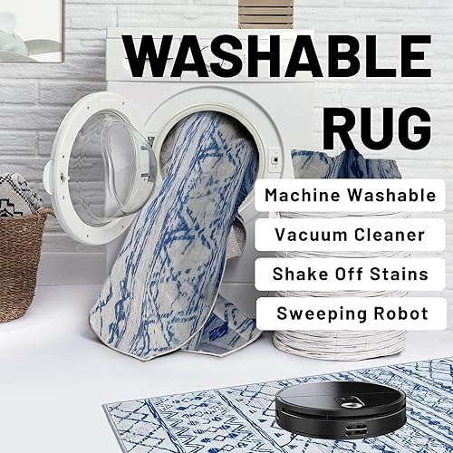 Miniatura 4 de KUTA Alfombra marroquí lavable, 2 x 8 pies, antideslizante, vintage, azul, bohemio, pasillo, cocina, alfombra de pasillo ultra suave, con estampado