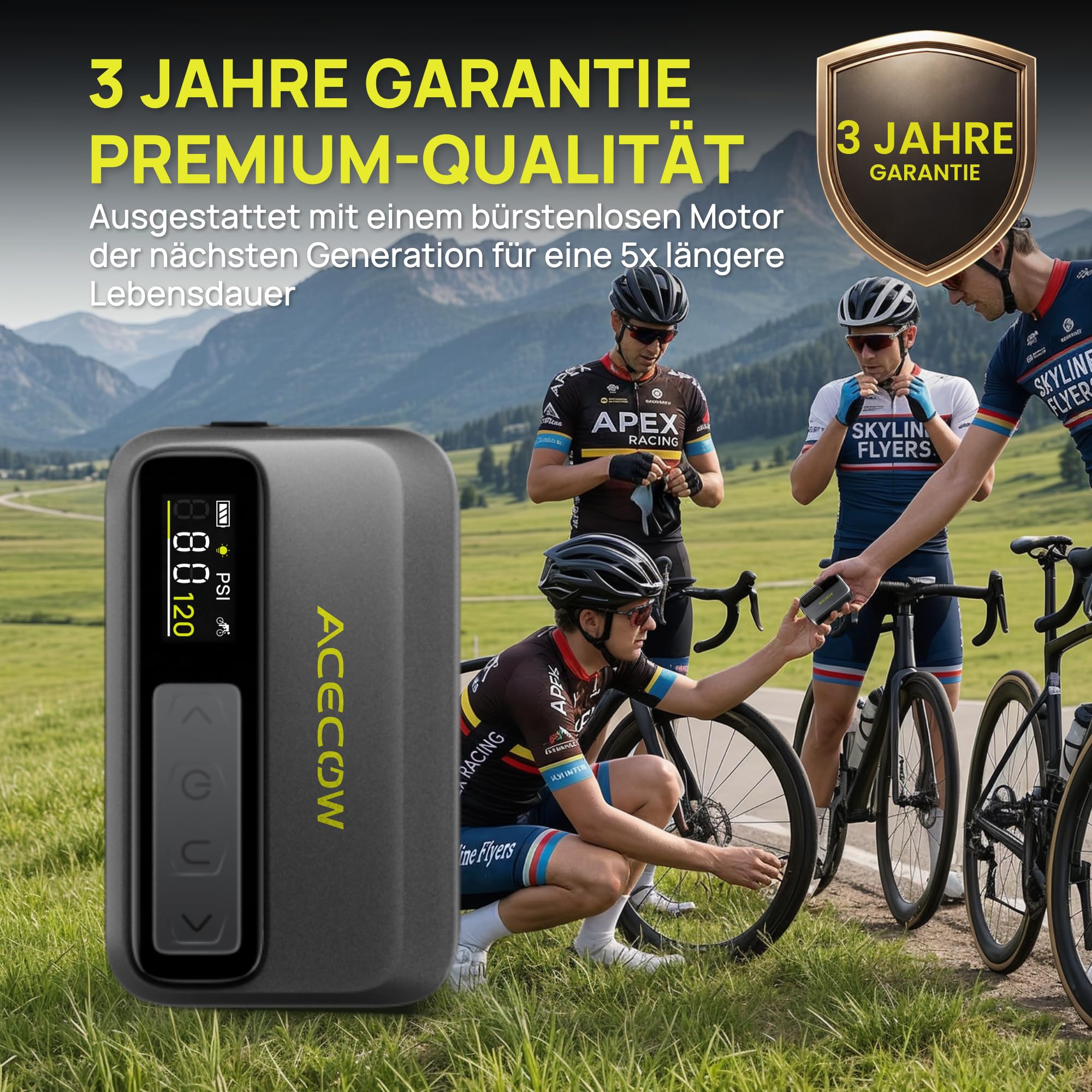 AT5Pro Mini Elektrische Fahrradpumpe, 120 PSI Akku Fahrradpumpe mit Presta und Schrader-Ventil, Auto-Stopp, Überhitzungsschutz für Rennrad, Mountainbike und E-Bike
