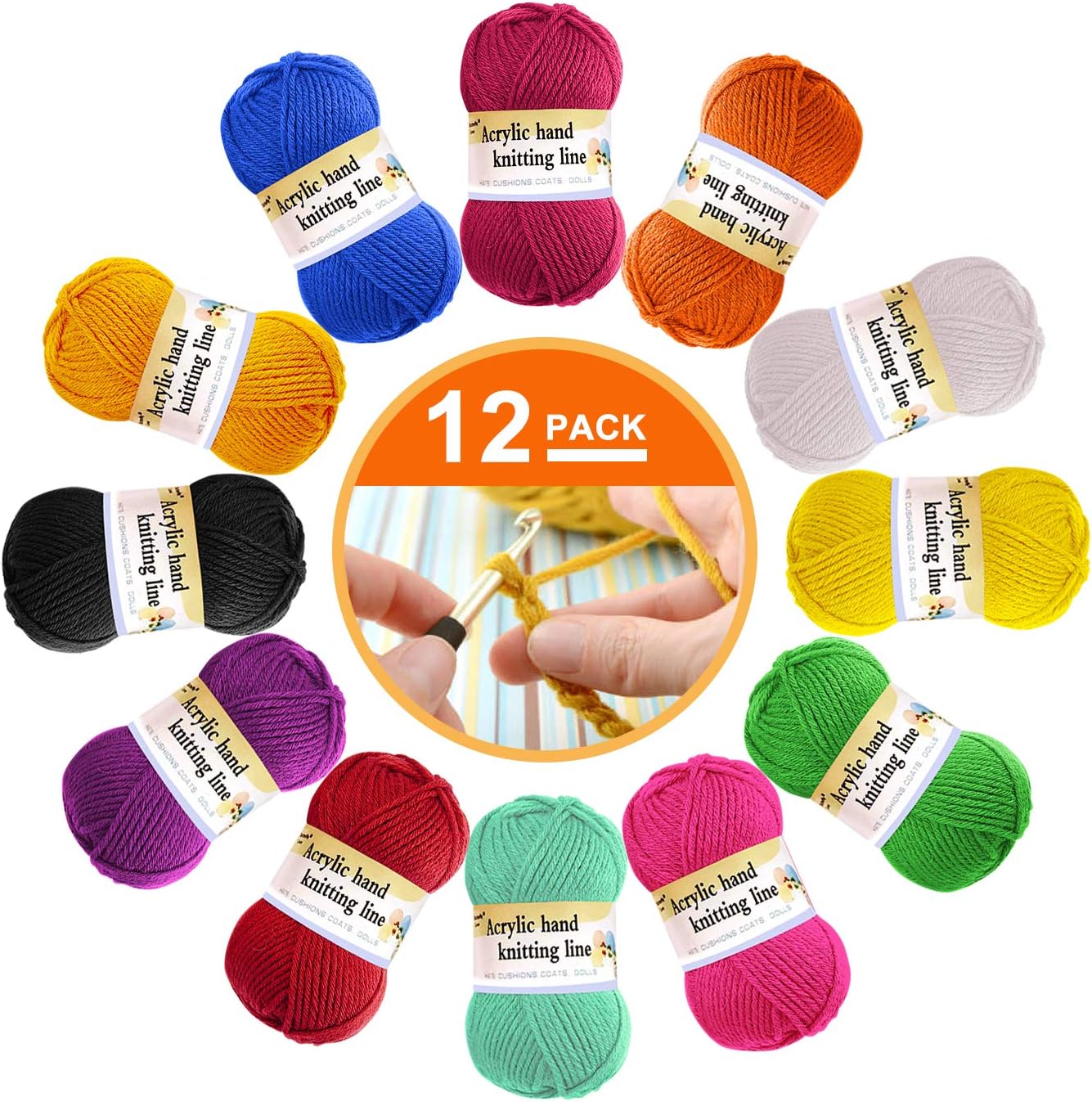 NETUME 12 Pack Acrylic Wool - Crochet Yarn Multi Coloured Knitting Wool, Crochet Wool Weaving Yarn Packs, Colour Wool Yarn Packs in 12 Bright Colours(Each 13g)
