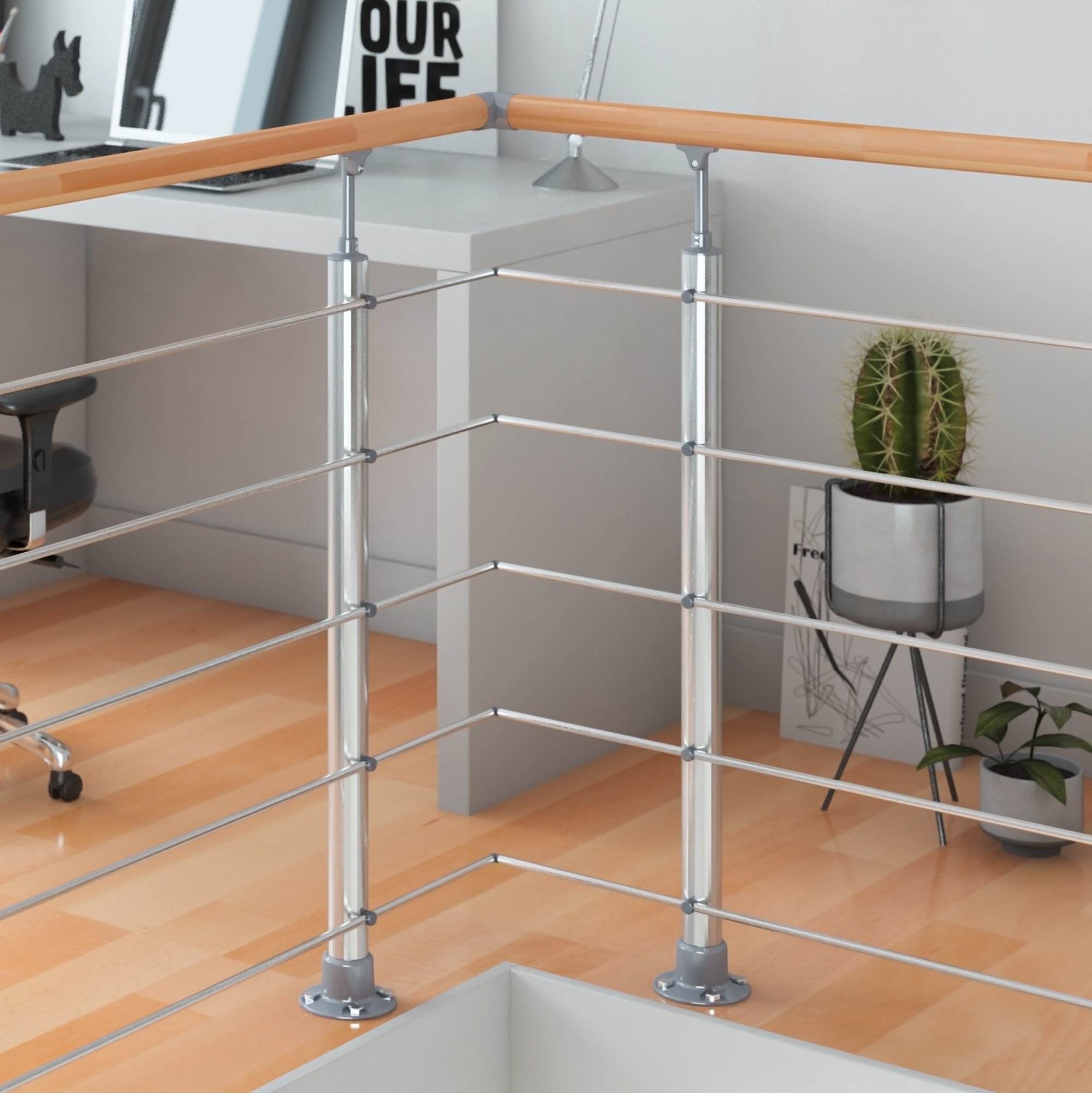 DOLLE Aluminium Geländer-Set Handlauf aus Buche Füllstäbe aus Edelstahl aufgesetzte Montage 150 cm
