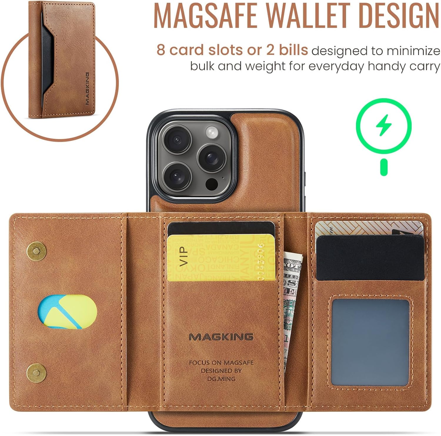 SZHAIYU K2 2 in 1 Detachable Magnetic Phone Cases Compatible with iPhone 16 Pro Case with Card Holder RFID Blocking, Compatible with Magsafe Wallet, Leather 6.3'' (iPhone 16 Pro,Brown) - Image 9