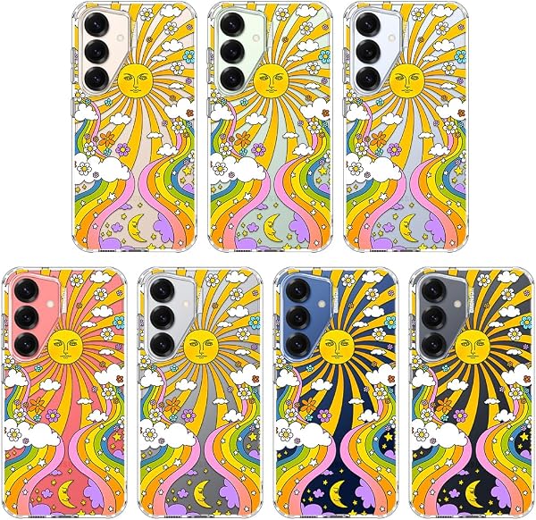 MOSNOVO Case for Samsung Galaxy S25 / Galaxy S24, [Buffertech 6.6ft Military-Grade Drop Protection] [Anti Peel Off Tech] Clear TPU Bumper Phone Case Cover Design - 70's Psychedelic Groovy Art - 3