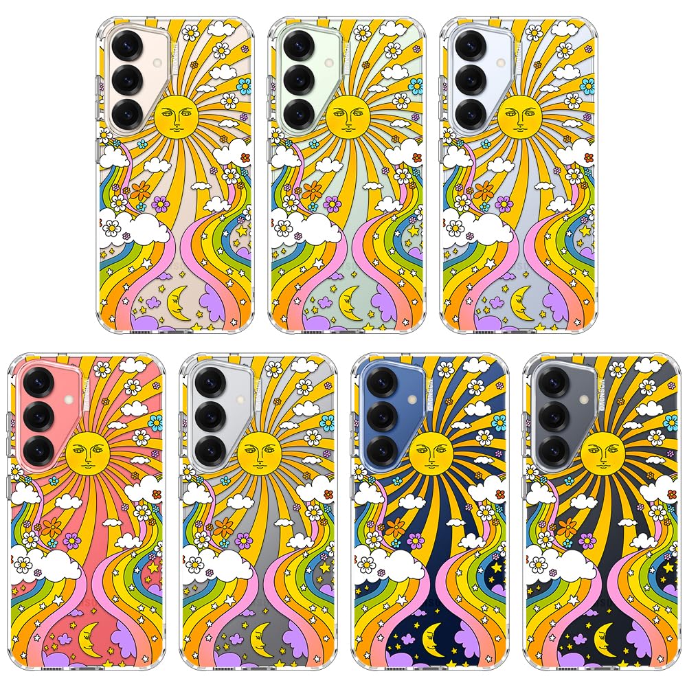 MOSNOVO Case for Samsung Galaxy S25 / Galaxy S24, [Buffertech 6.6ft Military-Grade Drop Protection] [Anti Peel Off Tech] Clear TPU Bumper Phone Case Cover Design - 70's Psychedelic Groovy Art - 3