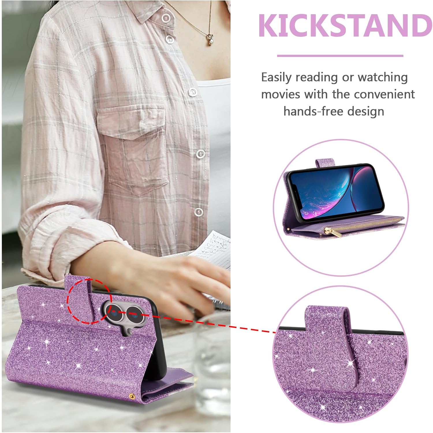 UEEBAI Wallet Case for iPhone 16, PU Leather Wallet Magnetic Closure Handbag Zipper Pocket Cover Kickstand Card Slots with Hand Strap Rose Flip Case for Women - Glitter Purple - Image 2