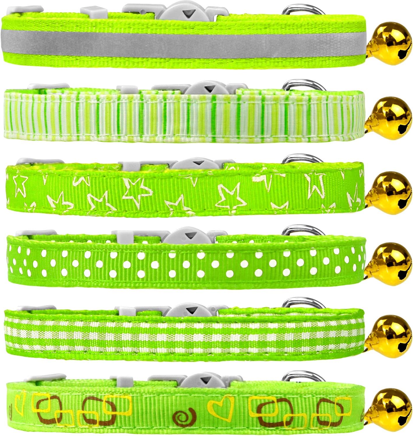 Dynmeow 6 Pack Green Mixed Pattern Cat Collar Breakaway with Removable Bell