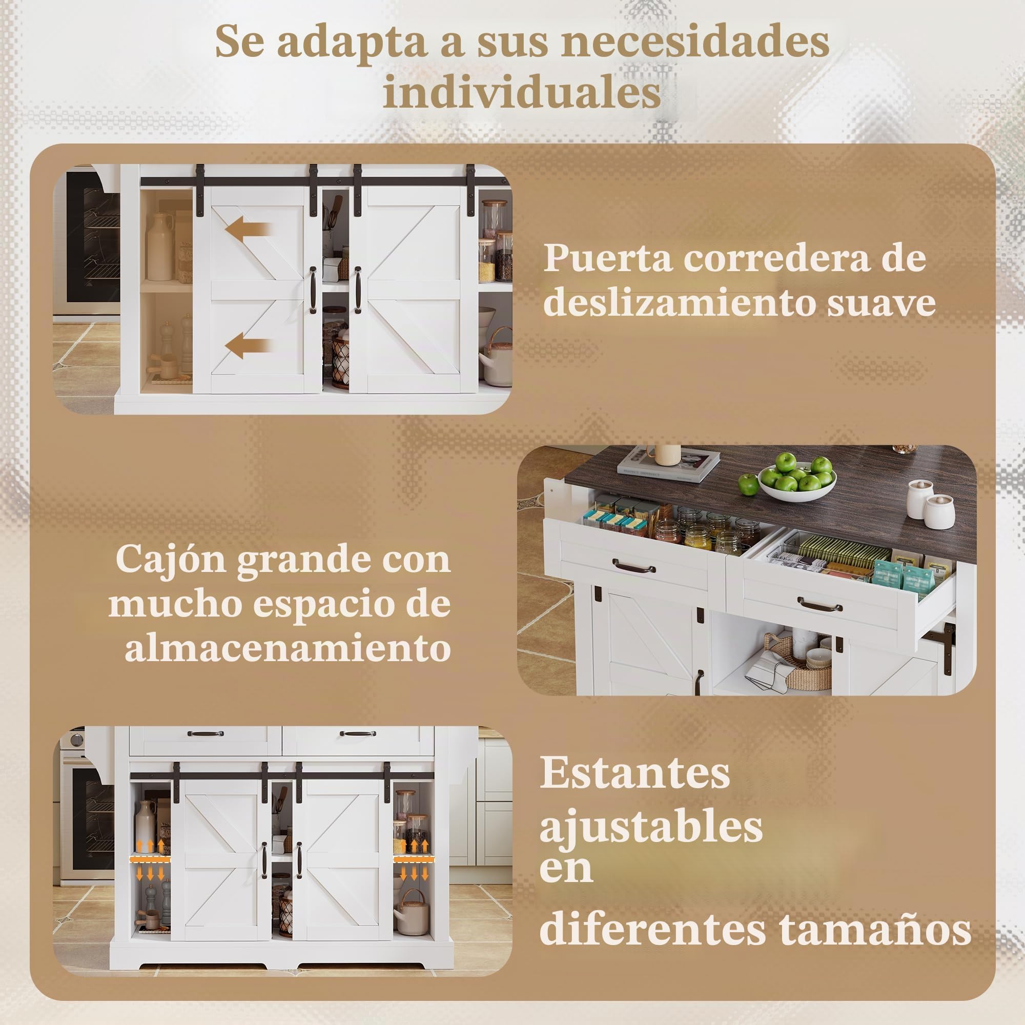 Isla de cocina con encimera plegable, carrito de cocina con ruedas, armario de cocina con 2 puertas correderas y 2 cajones, armario de almacenamiento de cocina, 120 × 45 (70)× 91 cm (blanco)