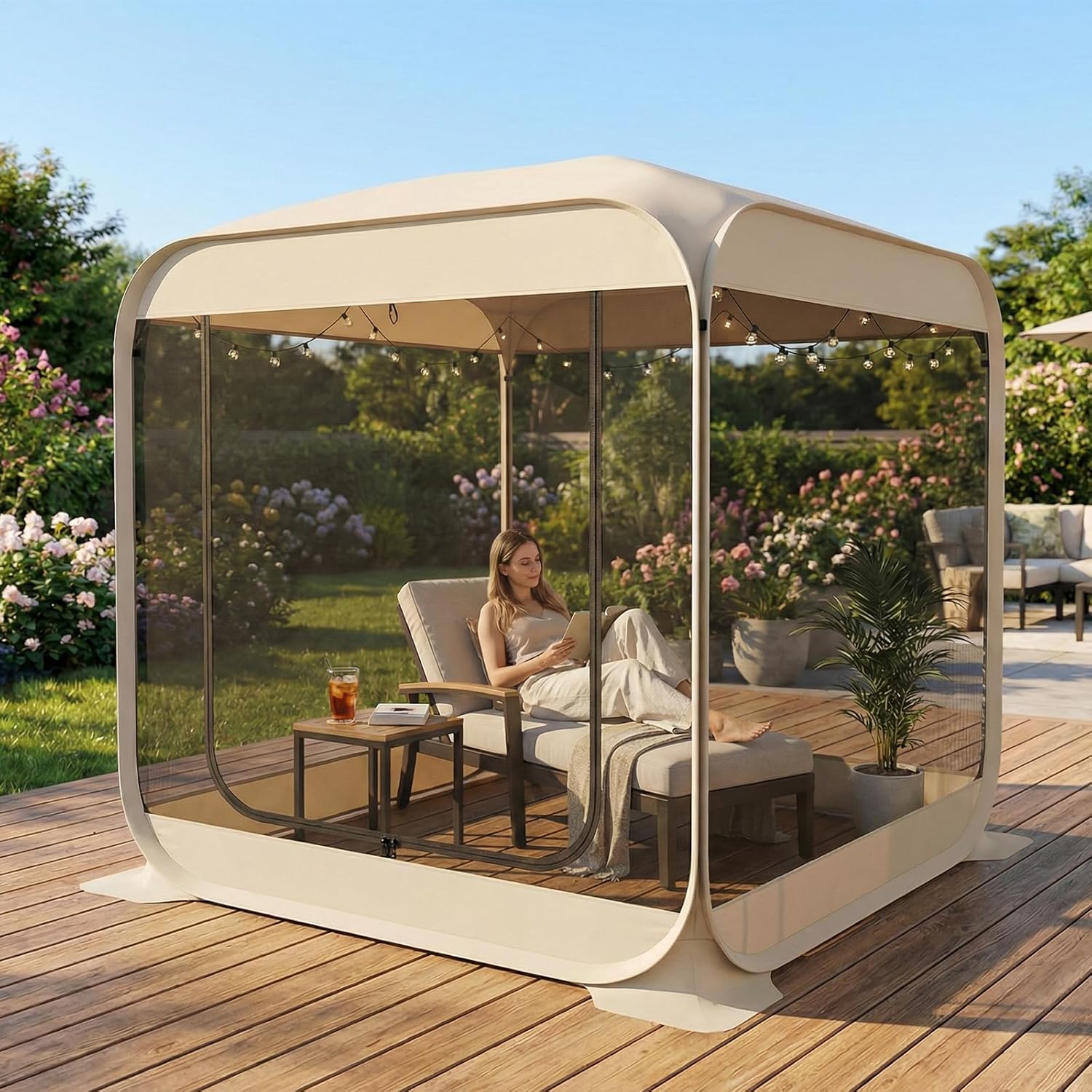 6x6'' Portable Screen House Tent, Screen Room Canopy with 360° View High-Density Mesh, Steel Frame, Heavy-Duty Sandbags, Guylines & Steel Stakes for Patio Backyard Deck Outdoor Activities, Beige