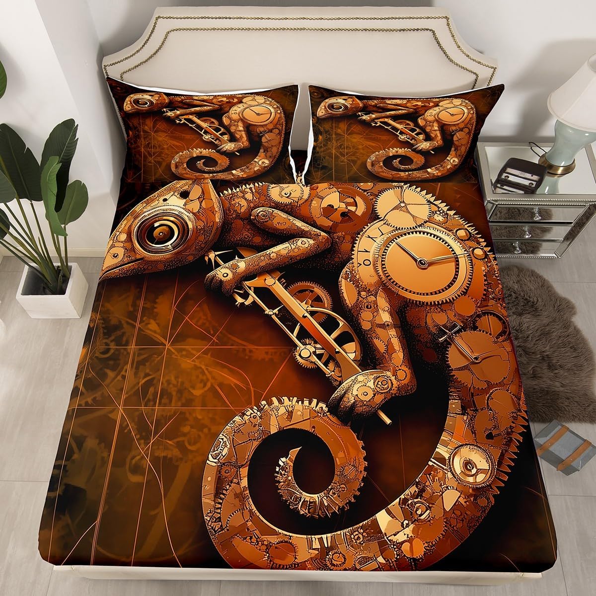 Erosebridal Ndustrial Gear Fitted Sheet Full Size Steampunk Style Bedding Set Clocks Theme Bed Cover Mechanical Device Fitted Sheet for Little Kids Boys Teens Retro Room Decorative