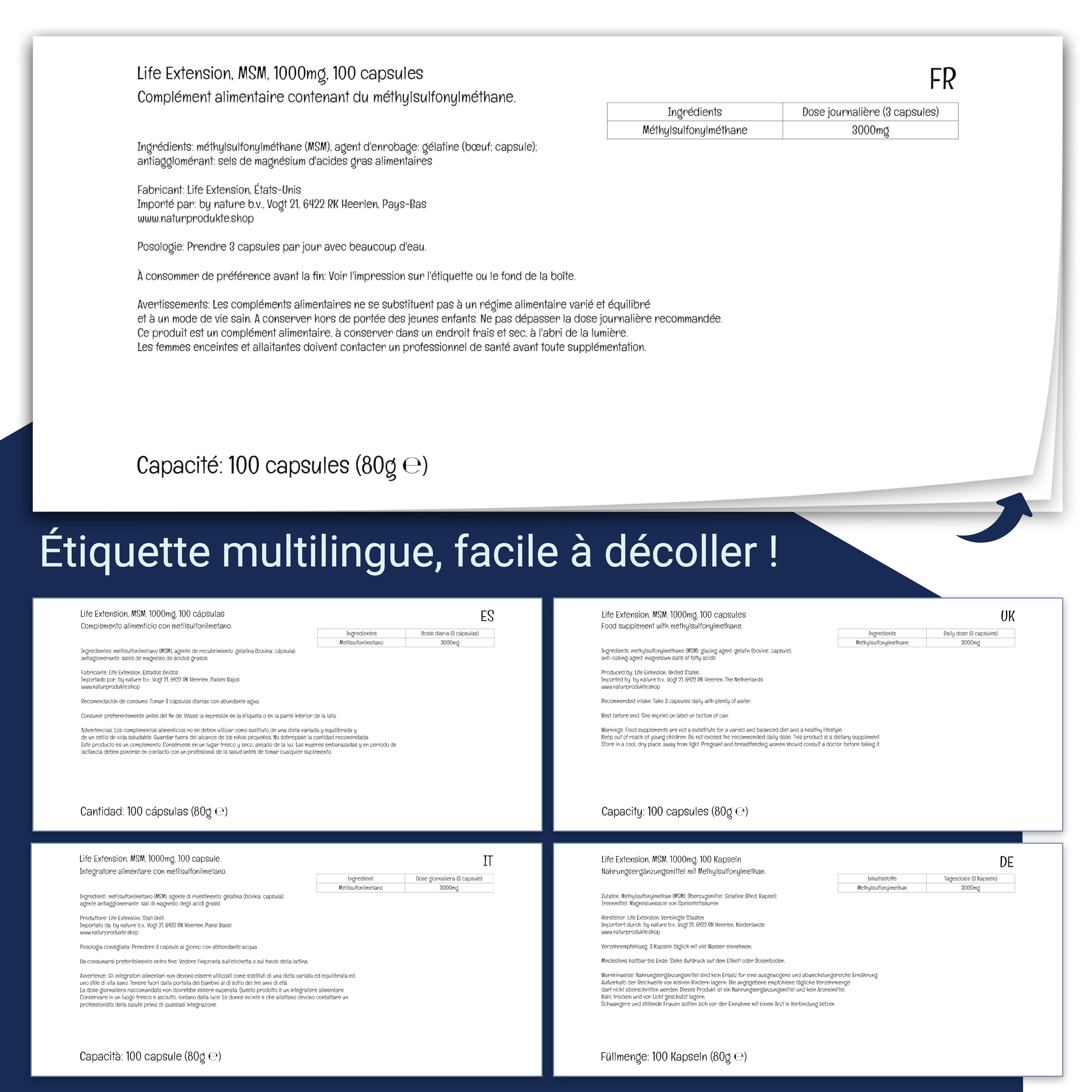 Life Extension, MSM, 1000mg, Méthylsulfonylméthane, Hautement Dosé, 100 Capsules végétaliennes, Sans Gluten, Végétarien, Sans Soja, Sans OGM