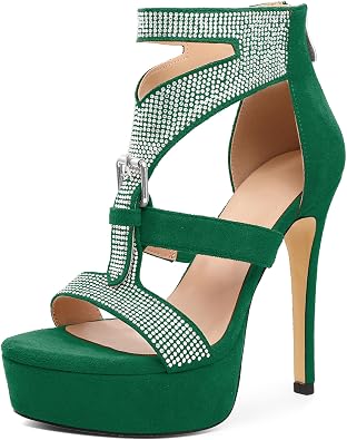 Zamikoo Womens Rhinestone Heeled Sandals Open Toe Strappy Platform Stiletto High Heel Sandals 5 Inches