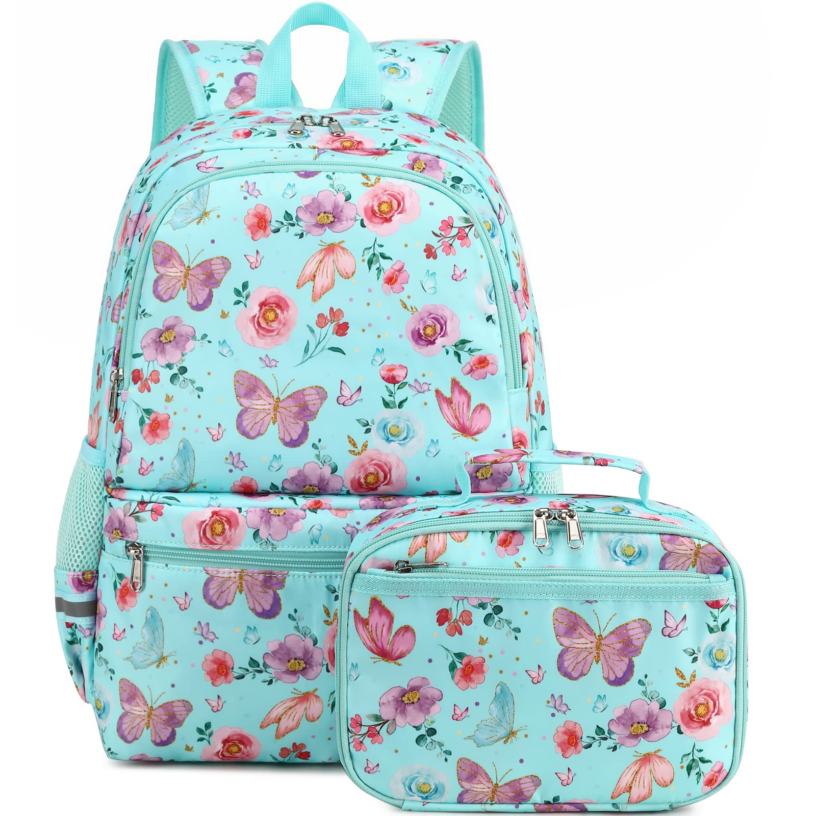 DSIUE Kids Backpack for Girls Elementary BookBags Teens Middle School Backpack with Lunch Box Butterfly Lake Blue