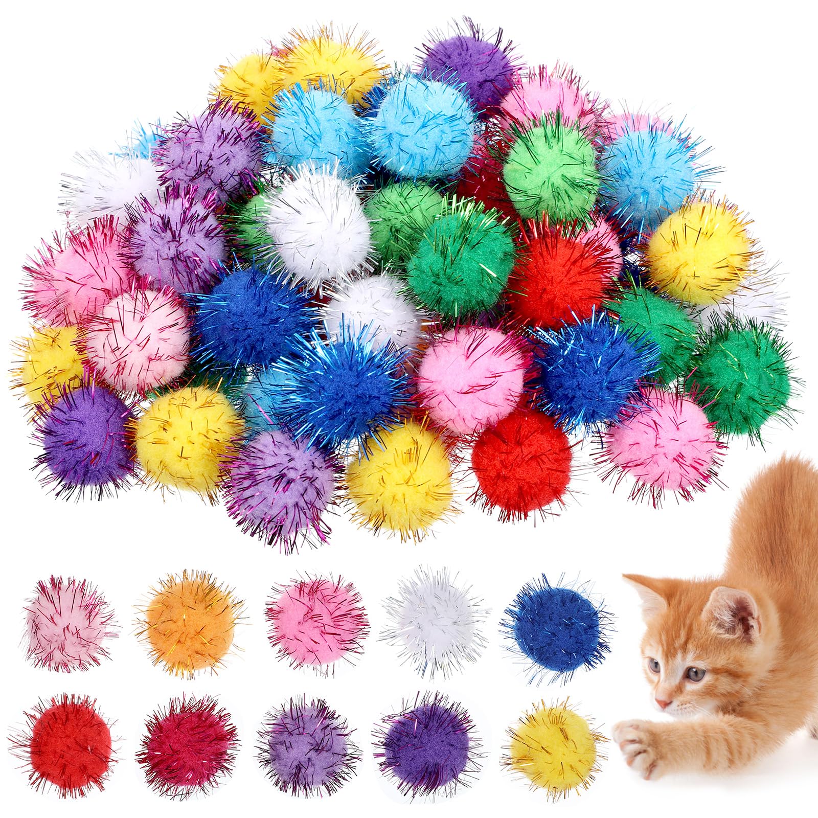 Xosjska 70 Pack Cat Pom Pom Balls Assorted Color Sparkle Balls Interactive Cat Toys Soft Cats Puff Ball Glitter Tinsel Fuzzy Ball for Cats Creative Crafts Decorations, Exercise and Entertainment