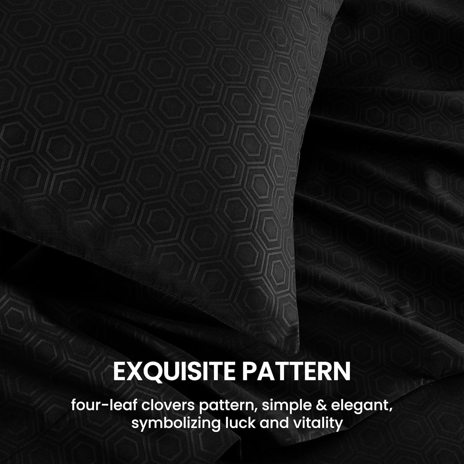 SLEEP ZONE Luxury Embossed Queen Sheets Set, Black Honeycomb Pattern Sheet & Pillowcase Sets 4 Piece - Super Soft, Wrinkle Free, Fade Resistant, Deep Pocket 16" (Black, Queen)