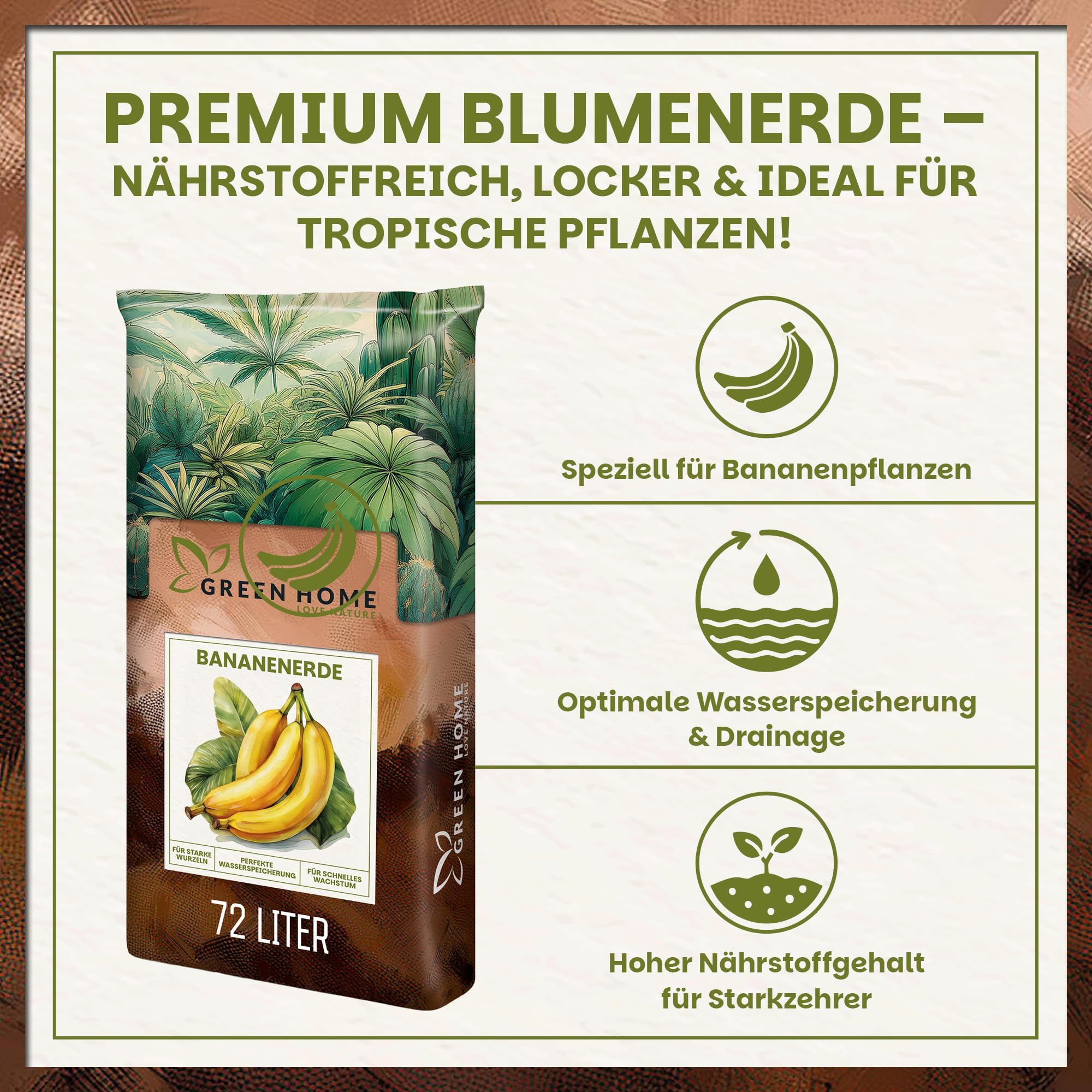 Green Home Bananenerde 72L - Erde für Bananen & Tropenpflanzen |Pflanzerde mit Langzeitdünger | Mit Perlite, Kokosfasern & Rindenhumus | Erde für Hochbeet, Kübel & Garten, pH 5,8