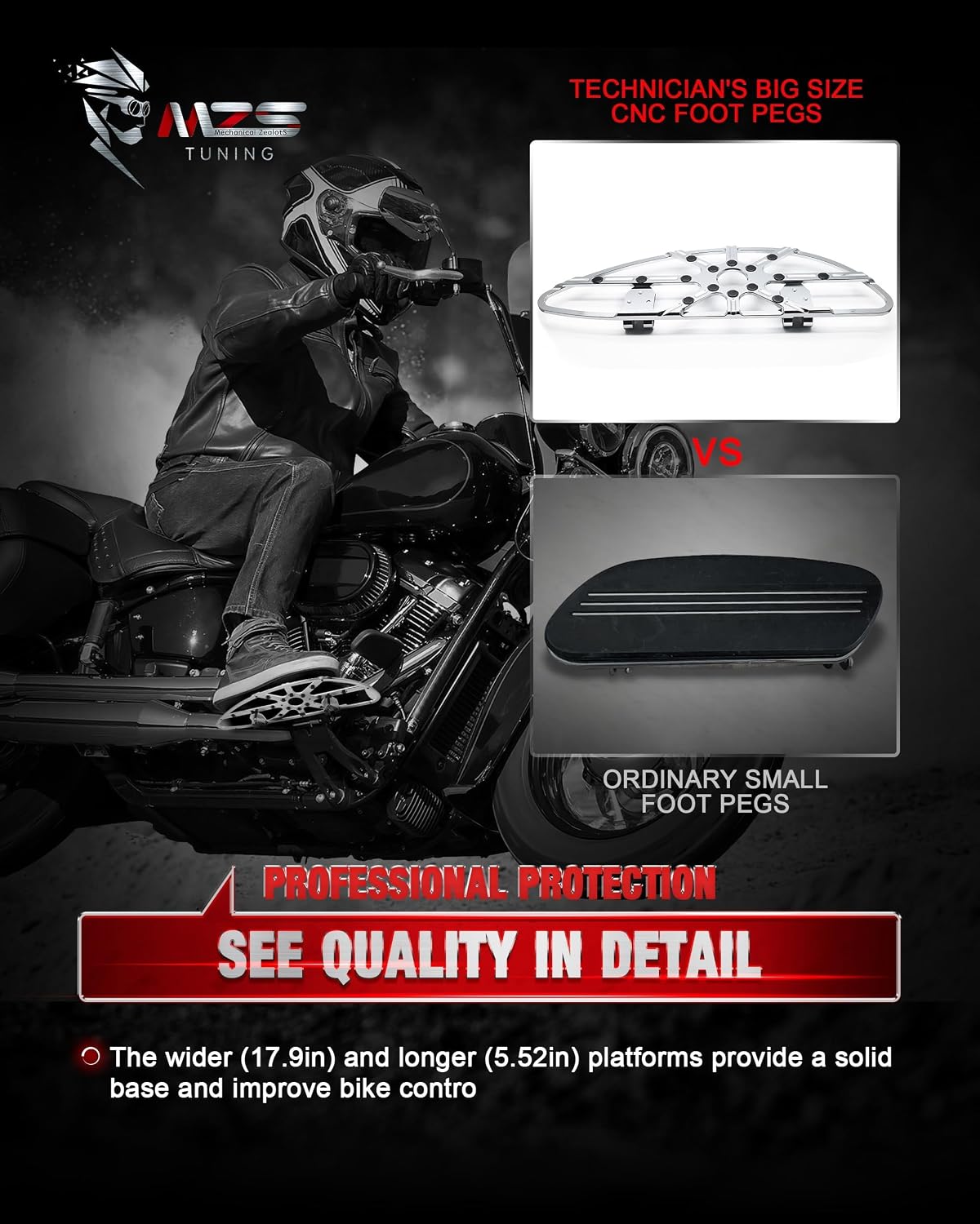 MZS Motorcycle Floorboards Driver, Touring Footboards Rider Front Foot Pegs Skeleton Stretched Chrome Compatible with Road Glide Electra Street Glide Softail Road King Ultra Limited Trike FLD