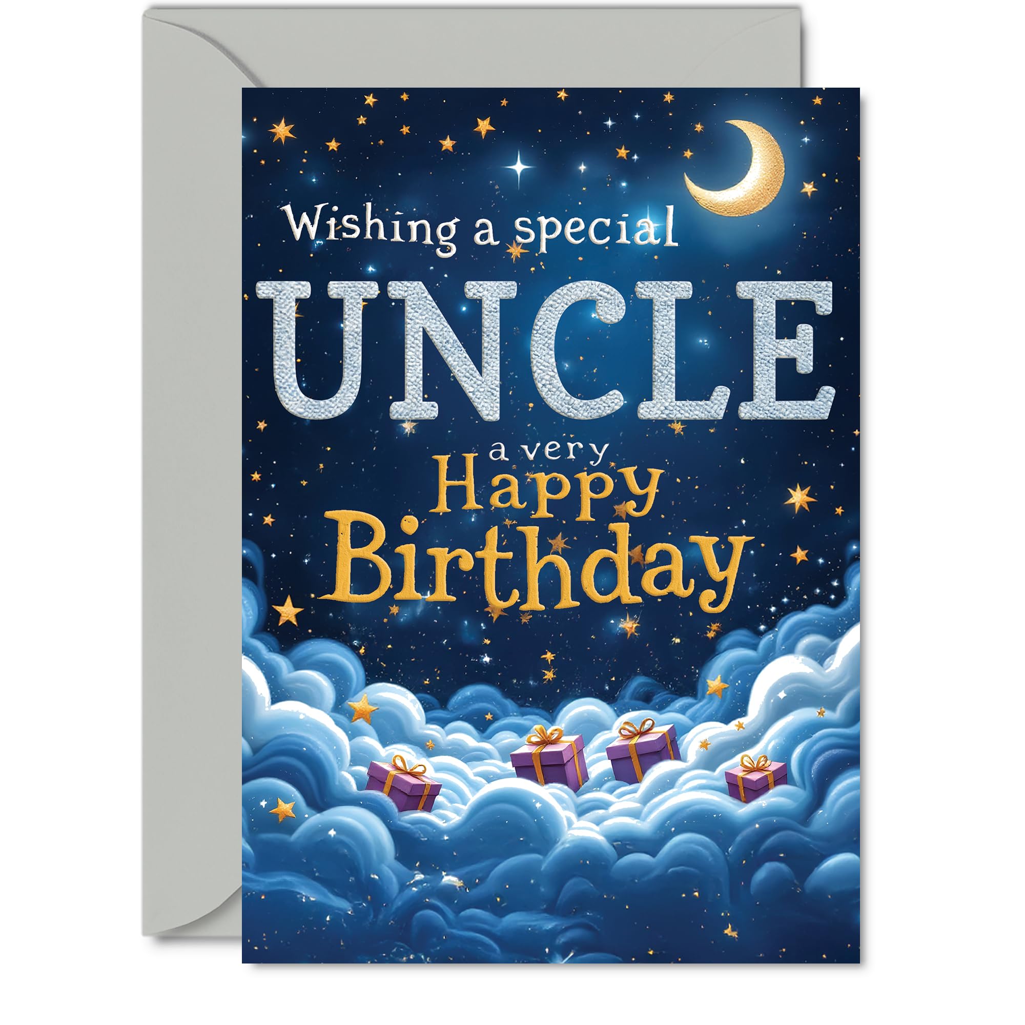 Uncle Birthday Card - Starry Night Moon Clouds - Happy Birthday Card for Uncle from Nephew Niece, 5x7 Inch Male Bday Greeting Cards