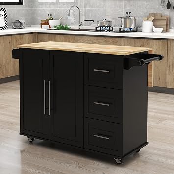 RASOO Kitchen Island Cart on Wheels Drop-Leaf Rubber Wood Top Kitchen Cart with Storage Cabinet and Drawers Kitchen Trolley with Towel Rack & Bottle Rack, Black, 43.7"x16.93"x36.02"LxWxH