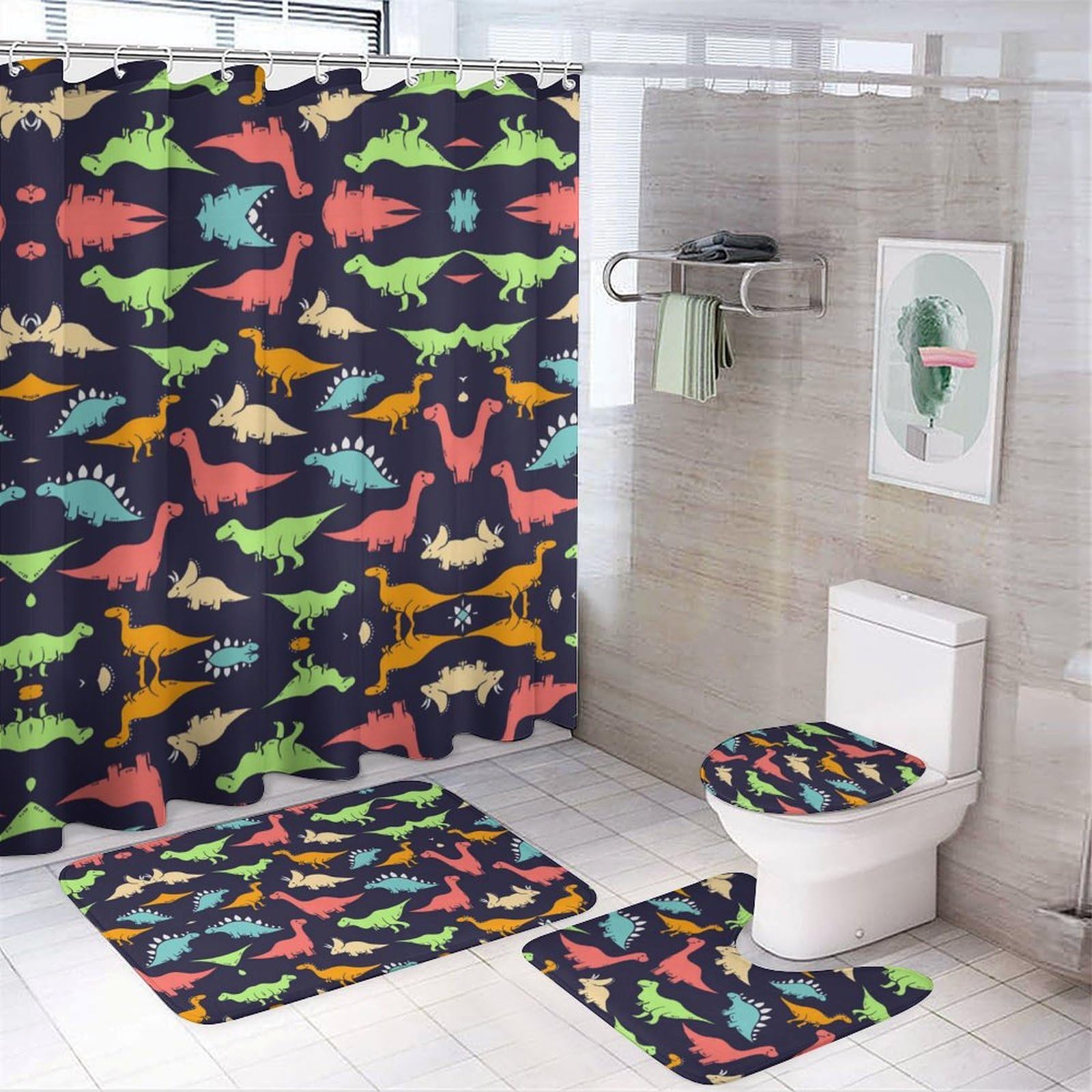 JZemdybill Bathroom Mat Set 4 Piece, Monster Dinosaur Shower Curtain with Non-Slip Bath Mats for Bathroom
