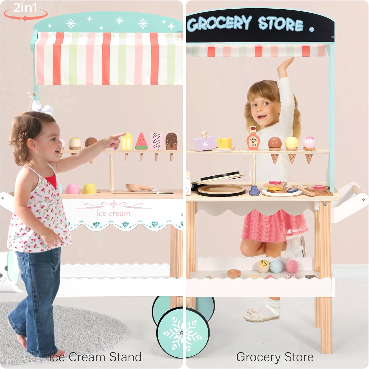 PairPearLarge Wooden Ice Cream Cart for Kids, 2-in-1 Market Stand & Pretend Play Food Truck, 15-Piece Set, Rolling Play Cart for Ages 3–6