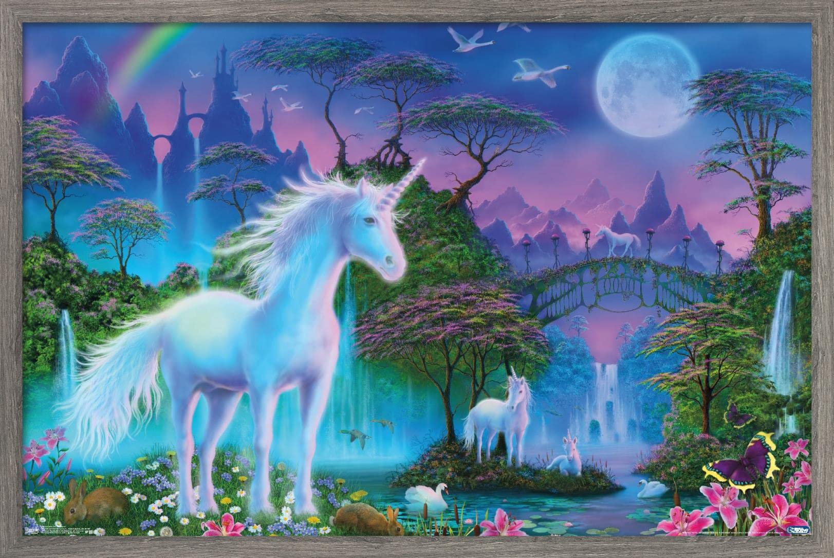 Poster mural Unicorn Meadow Trends International encadré bois de grange 37x57cm