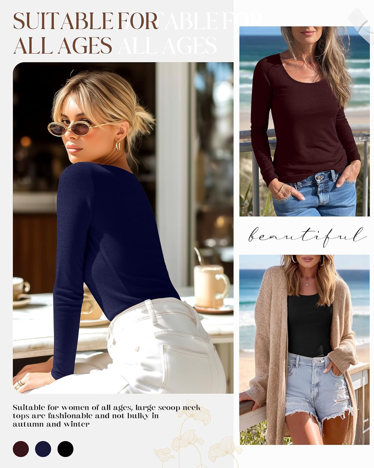 Ficerd 3 Pack Women's Thermal Long Sleeve Shirts Fleece Lined Scoop Neck Stretch Fitted Tops Winter Base Layer Underwear - Image 4