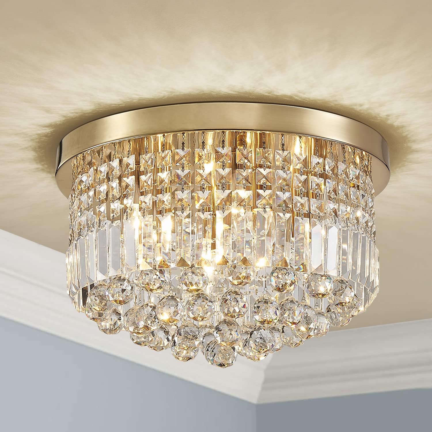 - Saint Mossi Modern K9 Crystal Raindrop Chandelier Lighting, Flush Mount Ceiling Light, Perfect for Dining Room Bathroom Bedroom Livingroom, 9 x E12 Bulbs, H11 x D20, Clear Crystal & Brass Canopy
