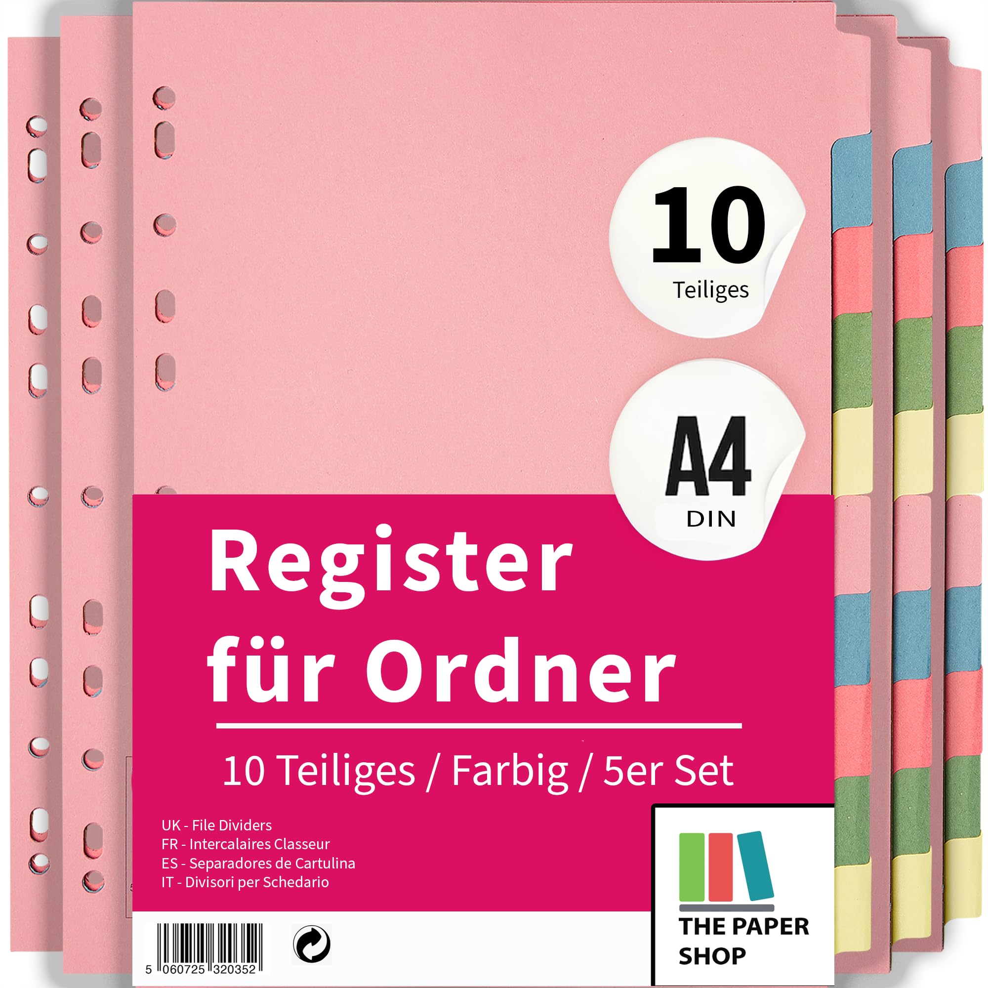 The Paper Shop A4 Ordner Register Unterteiler Hochformat 150 g/m² | 5 Pack | 10-Teilig Mehrfach Gelocht Aus Stabiler Pappe | Farbige Trennblätter für Dokumente Büro Schule Archiv Organisation