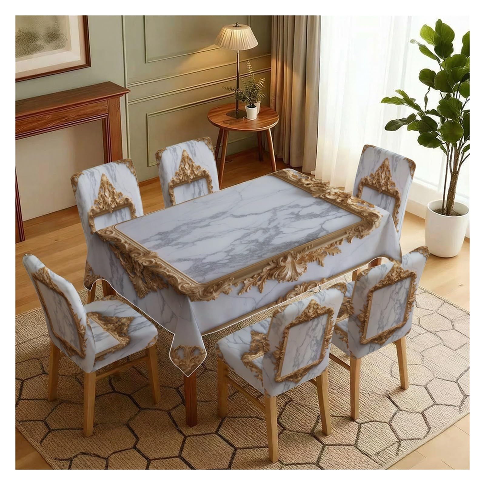 BOSUYBN White Marble Vintage Golden Baroque Frame Printed Dining Tablecloth & Chair Covers Set, 5/7 Piece Classic Luxury Home Decor Table Setting(7pcs Set: Tablecloth+Chair Covers)