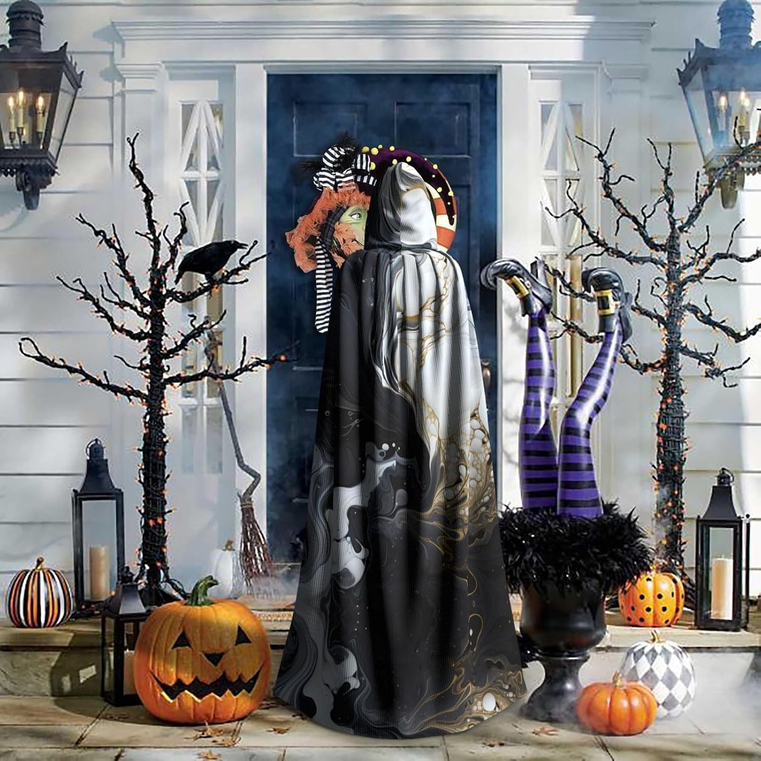 Black and white marbling Patterned hooded cape, robe Cosplay costume for men and women, Halloween adult role play costume