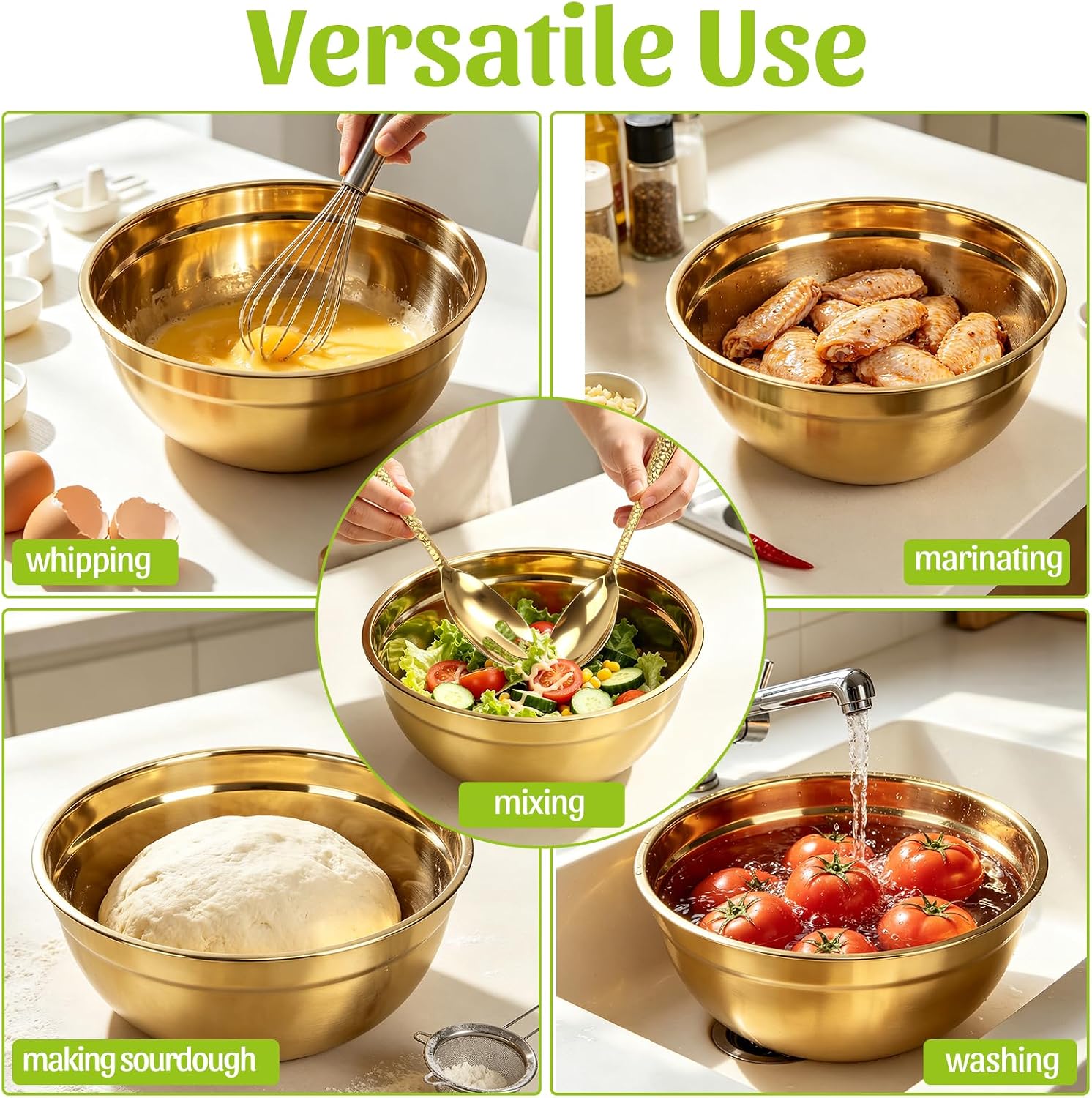 Large Stainless Steel Salad Bowl 7 QT, Elegant Gold Finish Metal Bowl