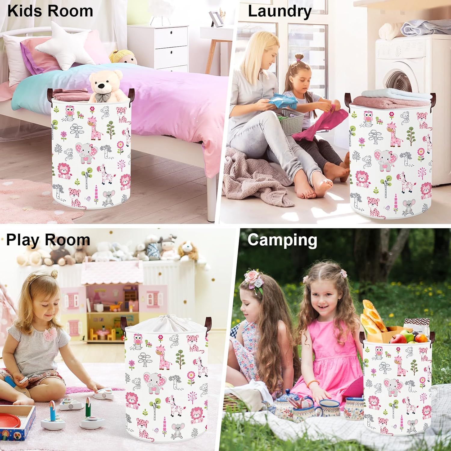 Clastyle Cute Forest Animal Laundry Basket Elephant Lion Kids Clothes Book Storage Basket Gift Toy Box for Bedroom Decor,Pink,36x45 cm