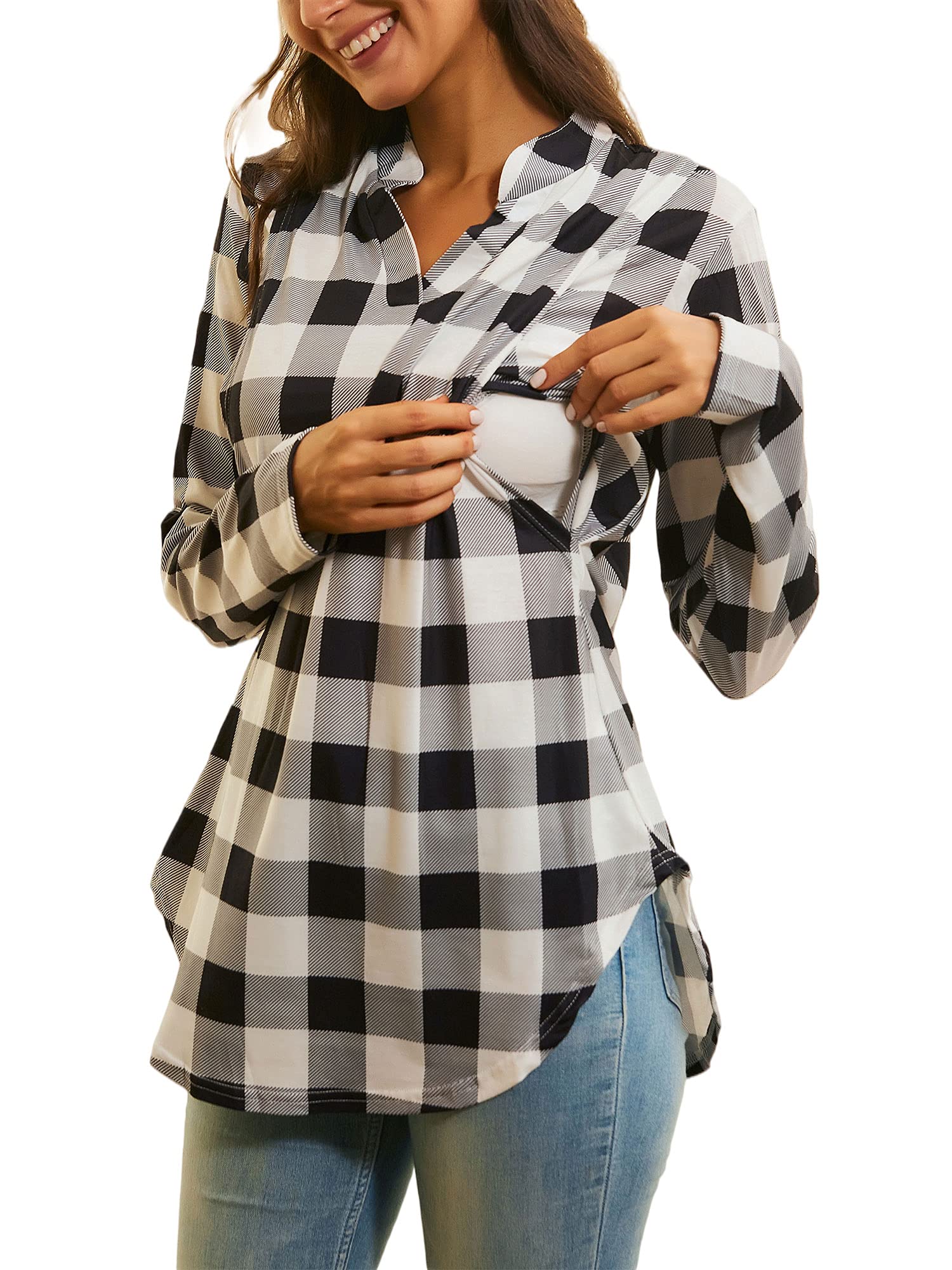 Damen Schwangerschaft Stilloberteile Plaid Schwangerschaft Langarm Bluse Kariert Stillen Pullover T Shirt Top