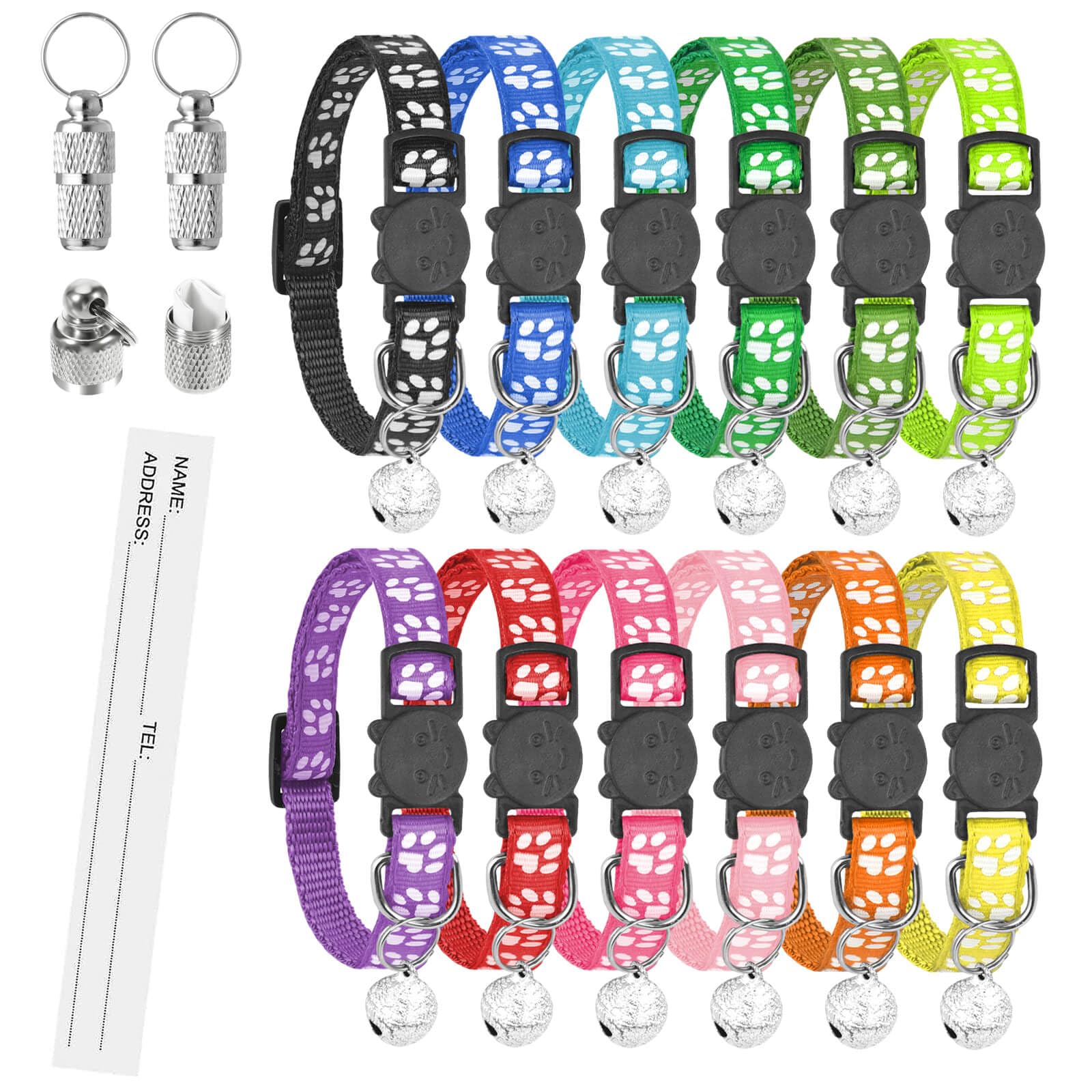 12 Piezas Collar Gato Antiahogo, Collar Gato Reflectante Ajustable, con 2 Etiquetas de identificación，Vistoso Collares para Gatos con Cascabeles y Hebilla Seguro de Liberación Rápida para Gatos