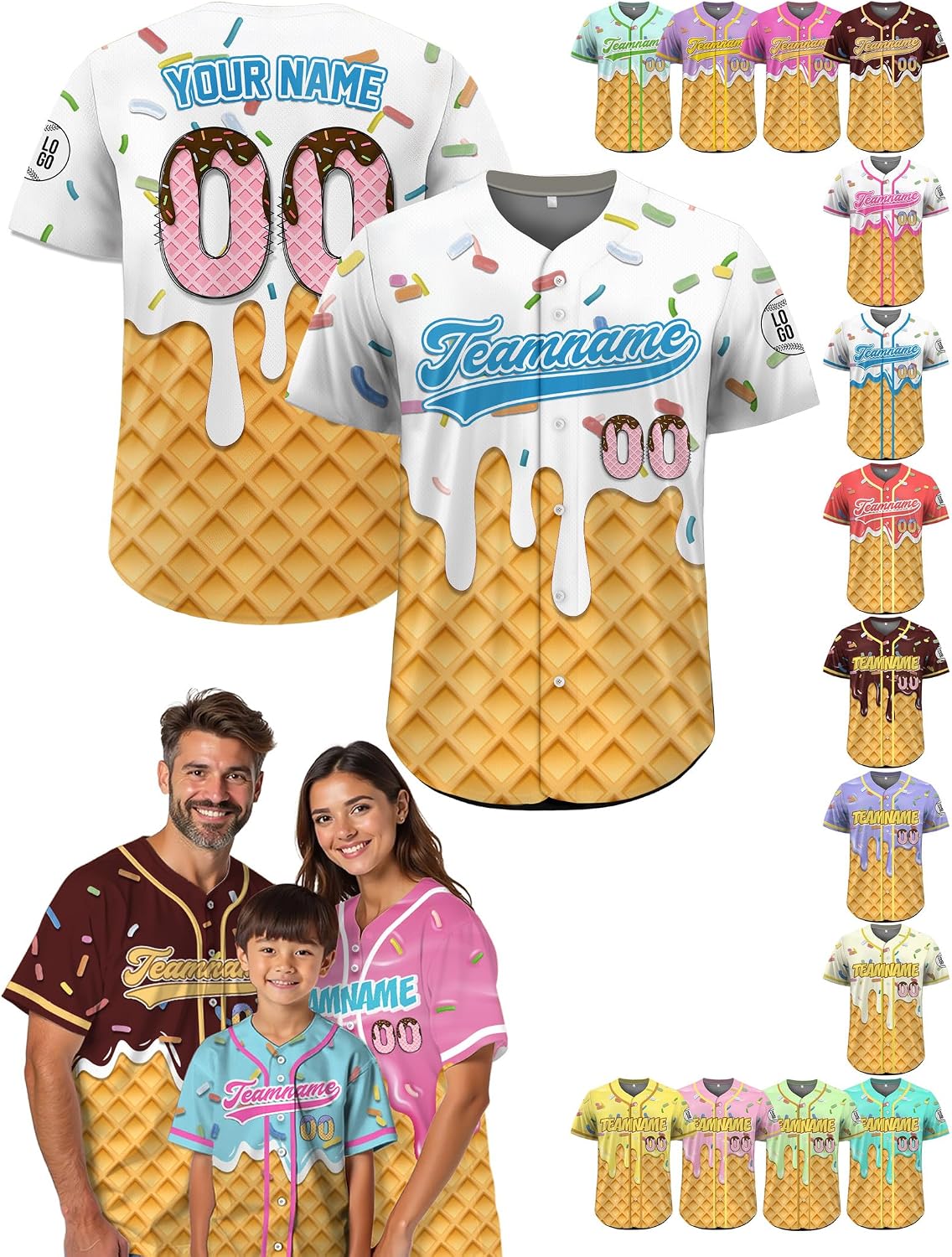 Custom Baseball Jersey – Personalized Name, Number & Logo, Ice Cream Baseball Jersey for Men, Women, Youth, Toddlers