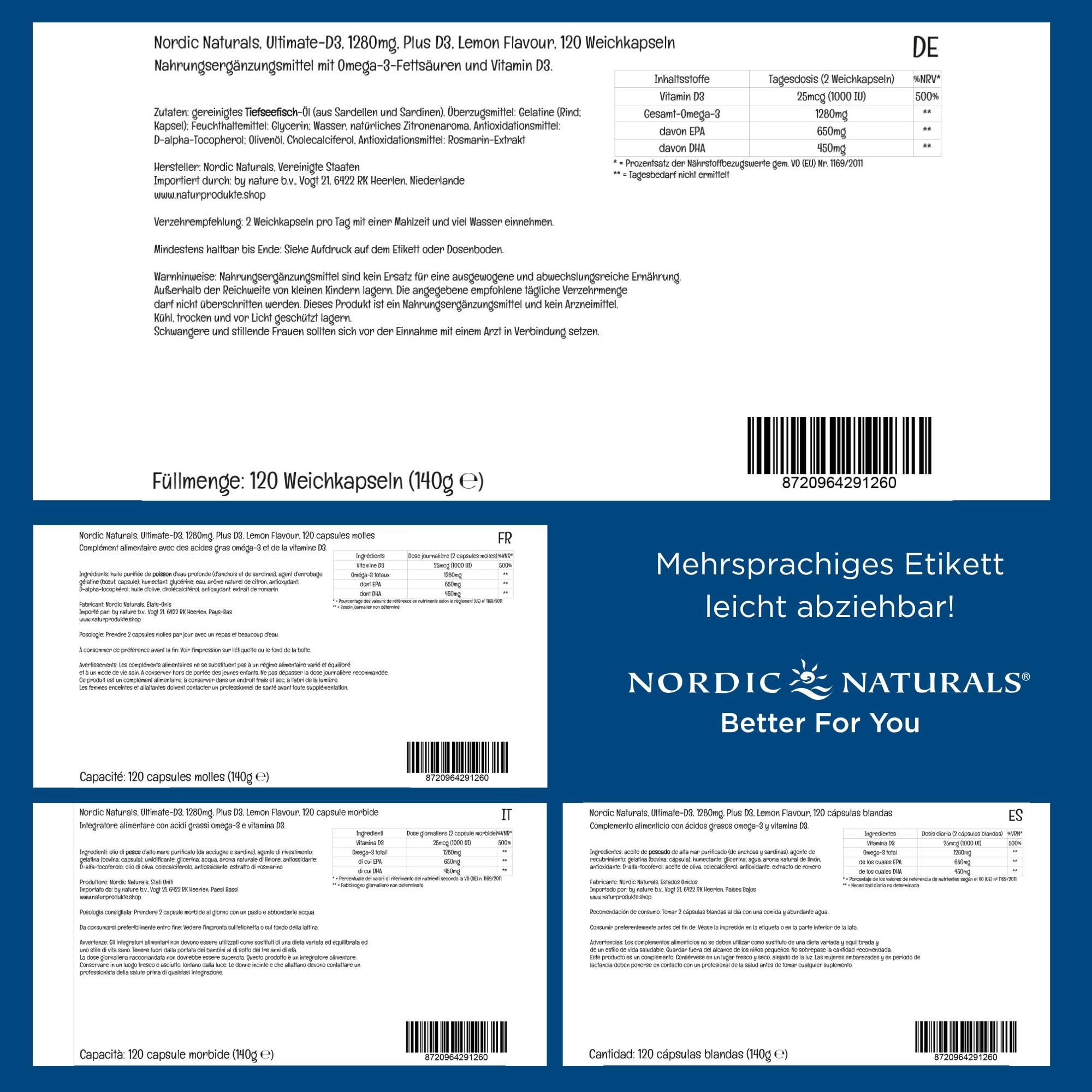 Nordic Naturals Ultimate Omega-D3, 1280 mg Omega-3 Fischöl-Nahrungsergänzungsmittel mit EPA, DHA und Vitamin D3, hoch dosiert, Zitronengeschmack, 120 Softgel-Kapseln, ohne Soja, glutenfrei