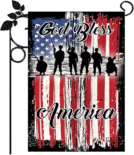 4th of July Garden Flag, Memorial Day Garden Flags,12×18 Inch Double Sided God Bless America Independence Day Patriotic American Veteran Soldier Yard Flag, Seasonal Outdoor Flag Home Decor for Yard Lawn Patio Outdoor