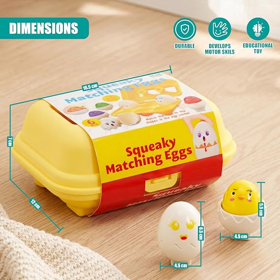 The Magic Toy Shop Squeaky Matching Eggs Toy - Colour & Shape Sorter Puzzle in Carton with 6 Squeaky Chicks for Motor Skills, Sensory Learning & Easter Gifts for Babies & Toddlers