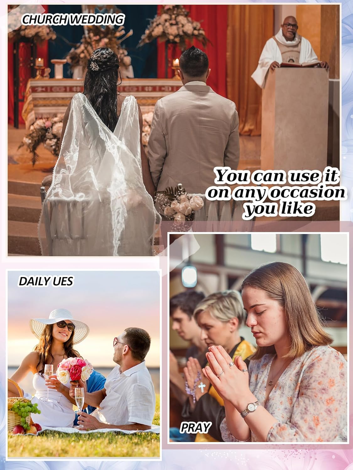 Zhanmai Veils for Church Catholic Mass Veils for Women Catholic Lace Triangle Mantilla chapel Floral Tulle Scarf - Image 7