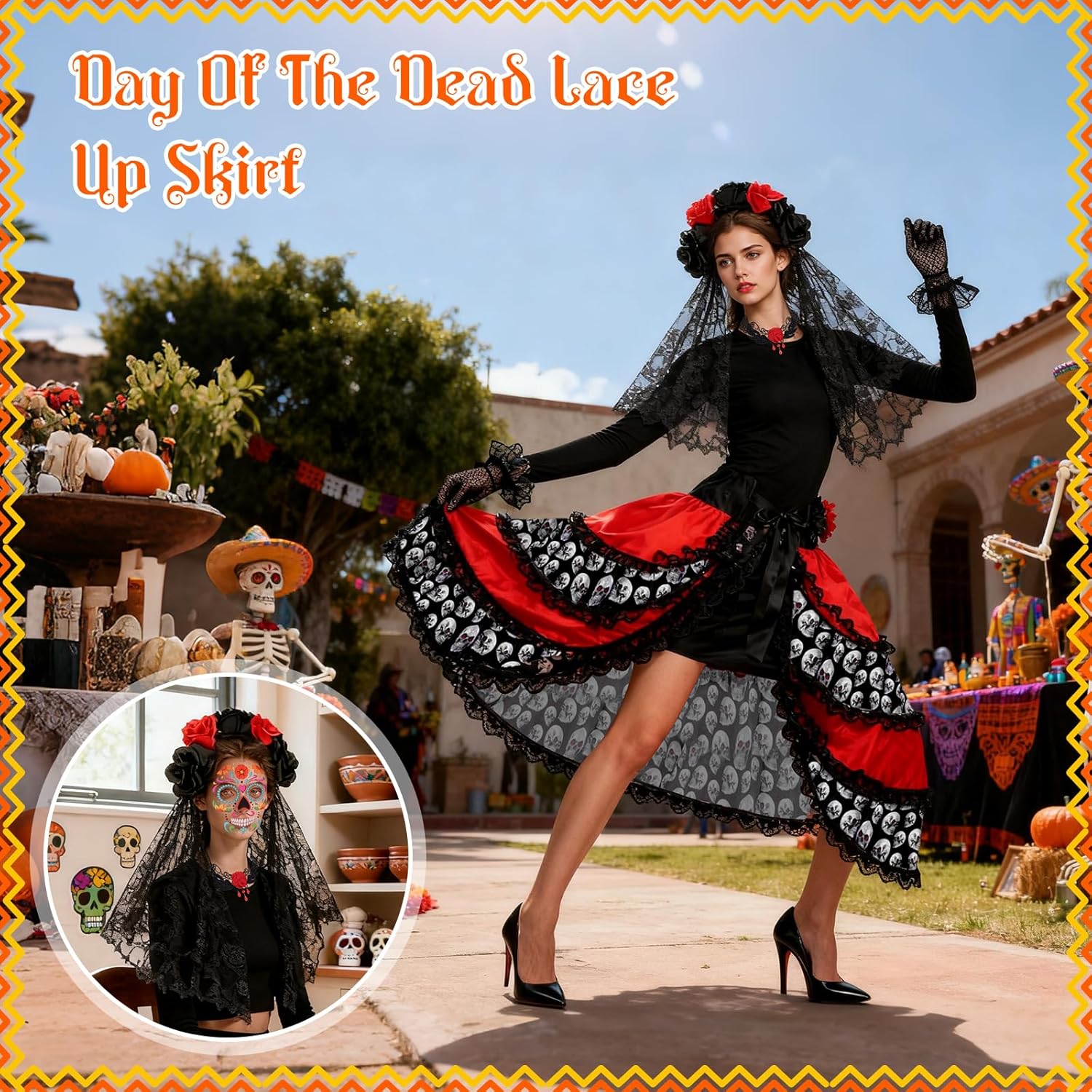 Day of The Dead Costume for Women Dia De Los Muertos Costume Halloween Rose Flower Headwear Tie on Bustle Temporary Face Tattoos Necklace Lace Gloves Halloween Costumes Accessory for Girls - Image 5