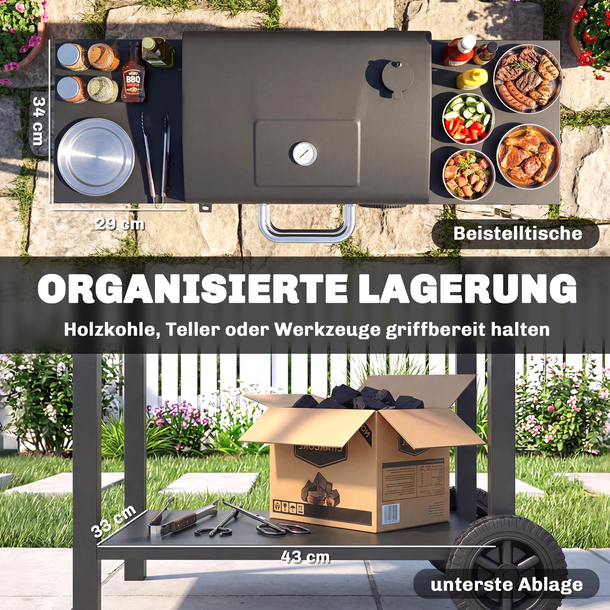Outsunny grill węglowy z pokrywą, BBQ Smoker z 2 bocznymi stolikami, dużą powierzchnią grillową, rusztem, termometrem i kółkami, wózek grillowy 110 x 46,5 x 101 cm, czarny