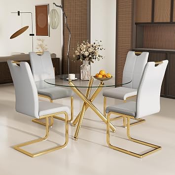 Modern Luxury Round Glass Dining Set for 4, 5 Pieces Clear Circle Glass Kitchen Table with Grey Faux Leather Chairs Set, 39 Minimalist Circular Dinner Room Set, for Small Place Gold