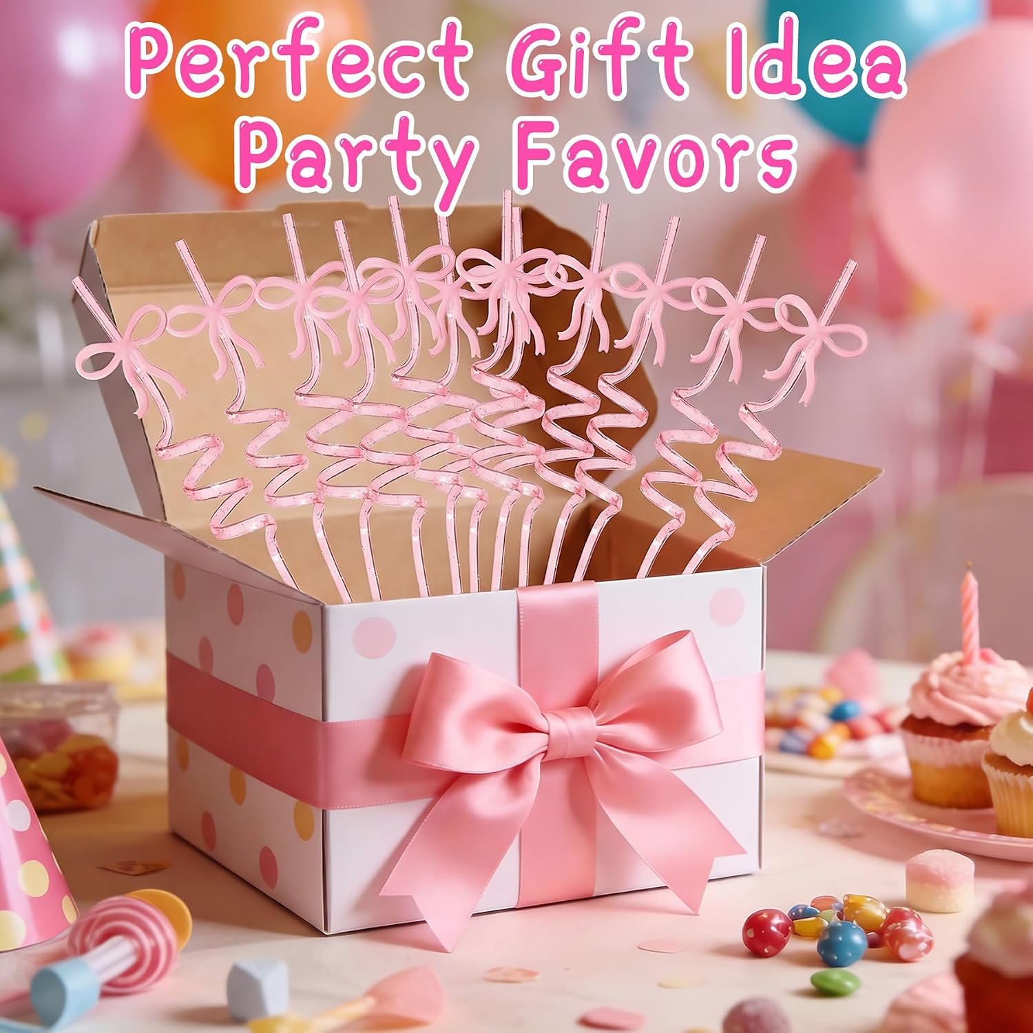 LEDUO 24 Pink Bow Crazy Straws for Kids Princess Birthday Party Decorations