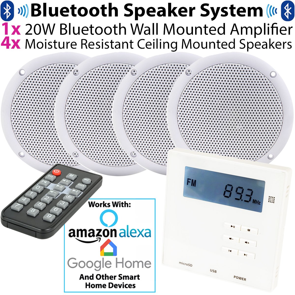 Inteligentne urządzenie ścienne do domu i 4 x zestaw głośników sufitowych – 4 x głośniki 80 W odporne na wilgoć i mini wzmacniacz Bluetooth do montażu na ścianie * ECHO / ALEXA SPOTIFY * stereo HiFi kuchnia - bezprzewodowy system audio muzyczny domowej