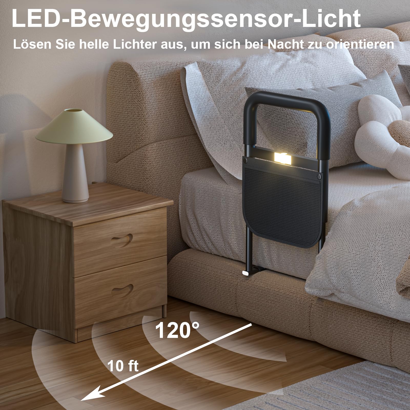 Aufstehhilfe Bett für Senioren, Höhenverstellbarer Haltegriff | Sensorlicht, rutschfester Griff, Aufbewahrungstasche und werkzeuglose Montage als Hilfe beim Aufstehen aus dem Bett
