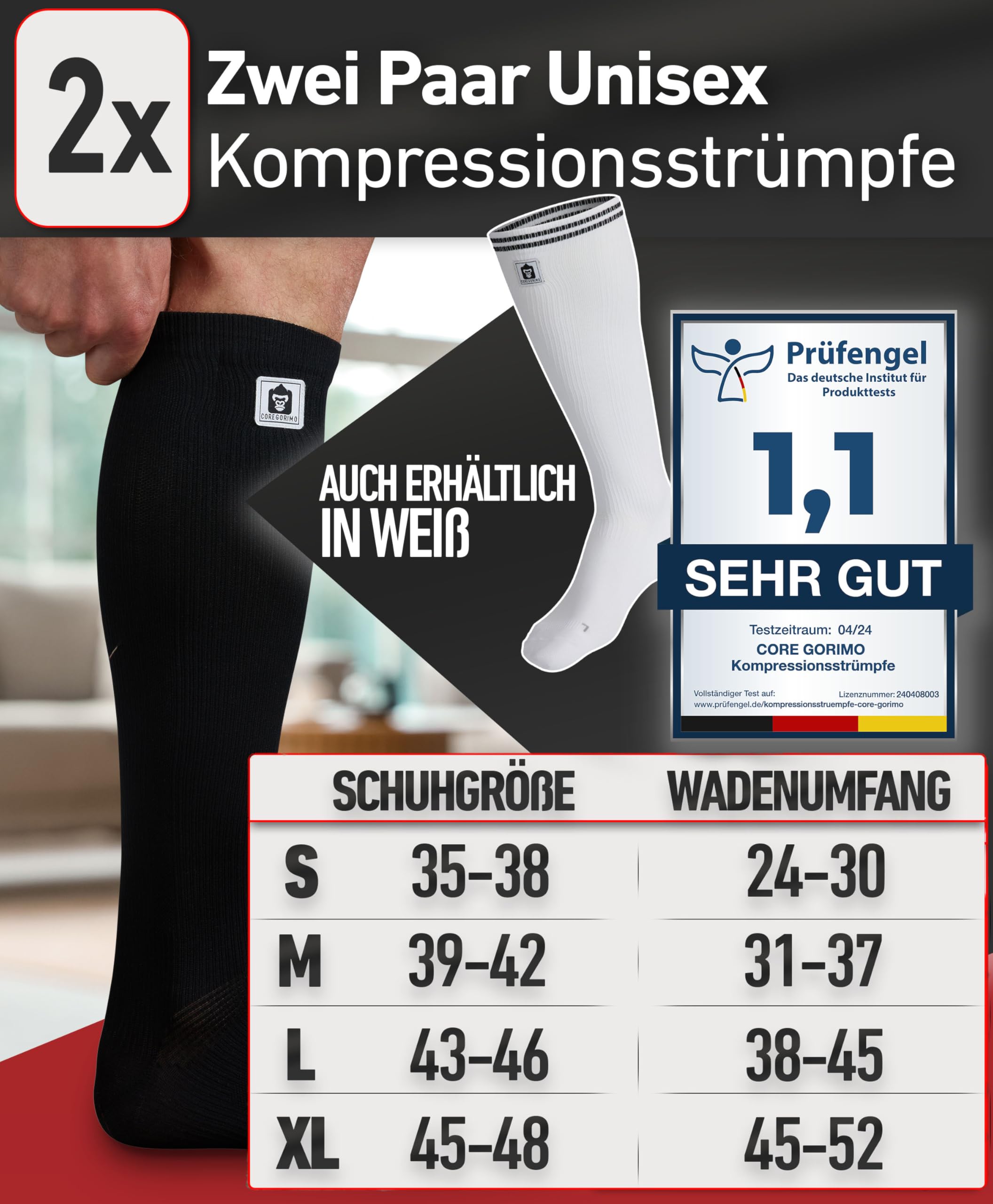 CORE GORIMO - 2 Paar - Kompressionsstrümpfe Herren & Damen - Atmungsaktiv - Stützstrümpfe & Kompressionssocken für stehende Berufe, Flug und Sport